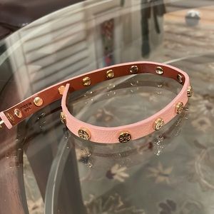 Tory Burch Gold Leather Double Wrap Logo Stud Bracelet- light pink